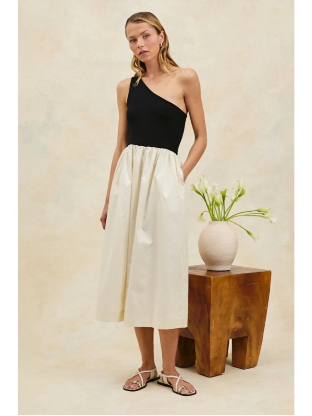 NWT Rails Anita One-Shoulder Black & Ivory Midi Dress XS